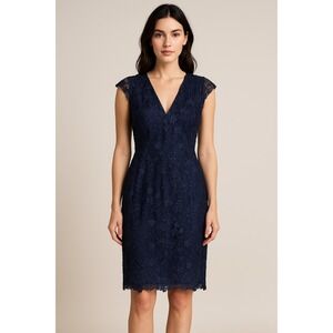 Carmen Marc Valvo Dress Womens Size 10 Navy Blue Lace Floral Textured Cocktail